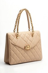 Full-frame product shot of a beige quilted leather handbag with gold chain 