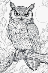Fototapeta premium Whimsical owl drawing illustration, cute bird cartoon character design, artistic coloring outline nature sketch, playful wildlife doodle, decorative animal artwork
