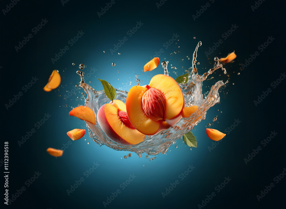 Poster juicy peach slices and leaves splash into clear water against a dark blue background. the vibrant co