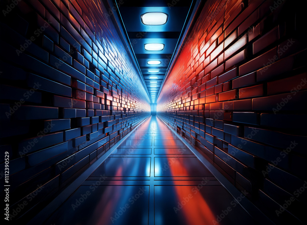 Poster a long, reflective corridor with dark brick walls is illuminated by vibrant blue and red neon lights
