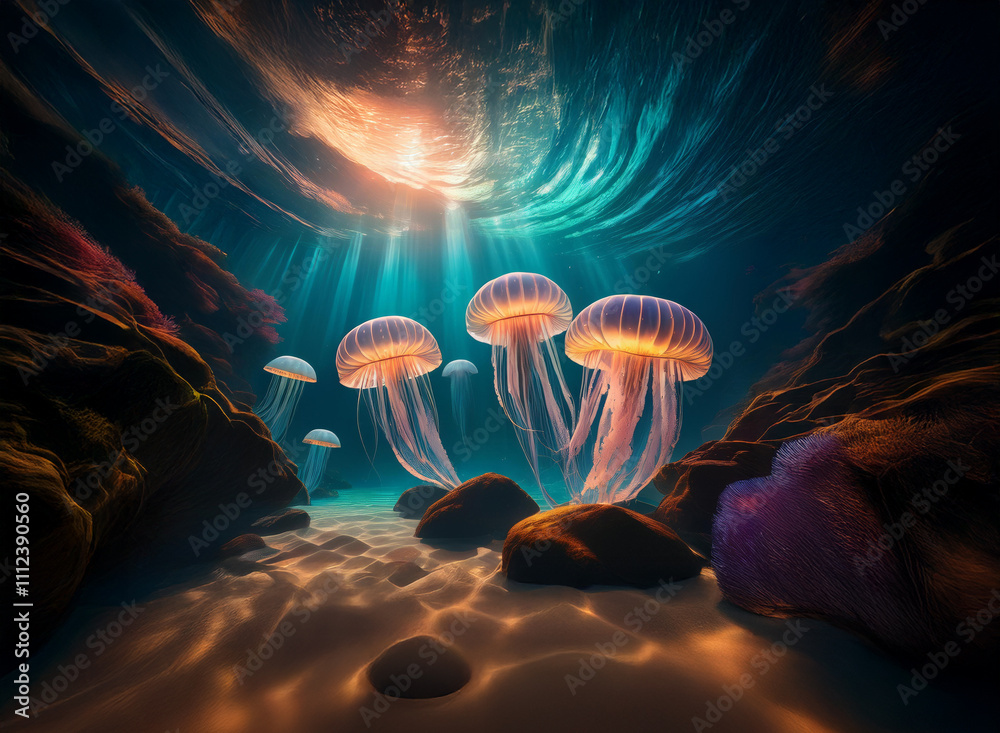 Poster sunbeams illuminate a serene underwater scene. several bioluminescent jellyfish gracefully float nea