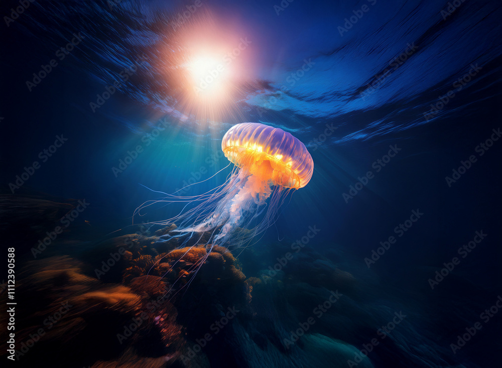 Poster A luminous jellyfish floats gracefully in the ocean depths, backlit by a radiant sun.  Its translucent bell and trailing tentacles create a mesmerizing underwater scene.