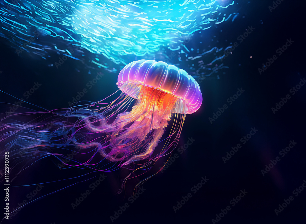 Poster a bioluminescent jellyfish gracefully drifts in the deep ocean, its vibrant tentacles trailing behin