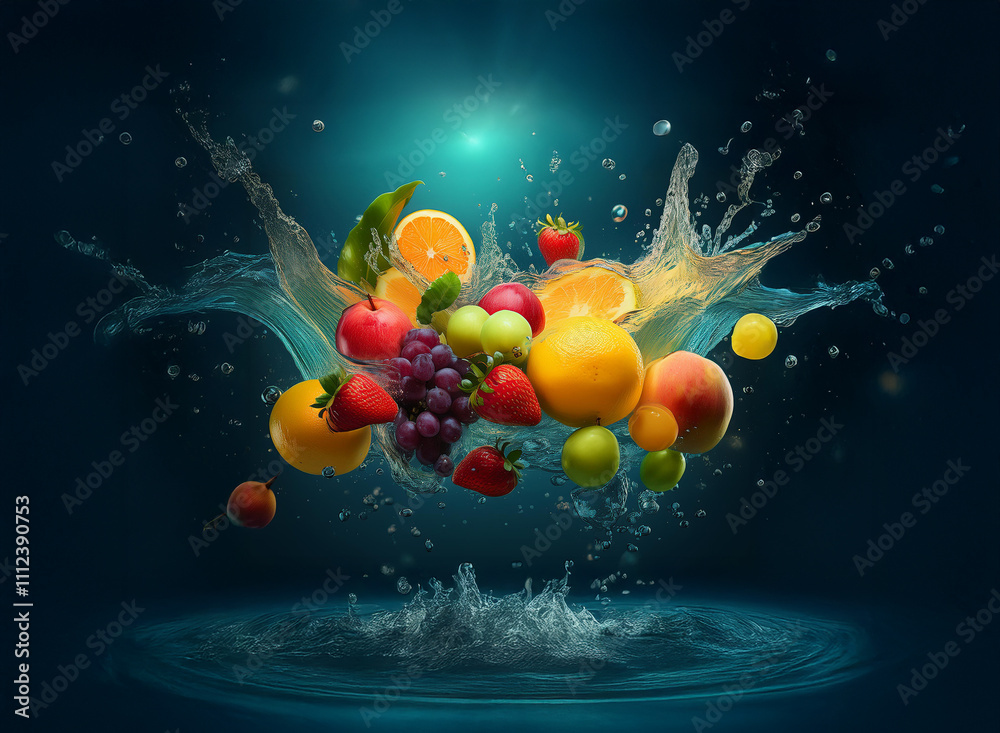 Poster a vibrant splash of water suspends an assortment of fresh fruits, creating a dynamic and juicy compo