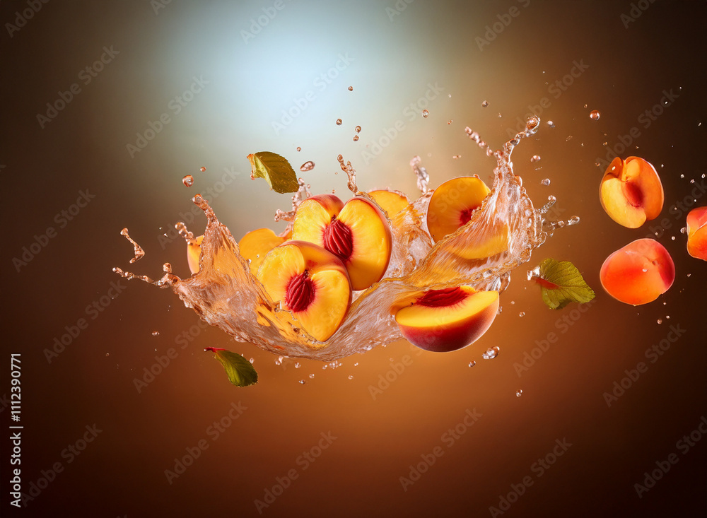 Poster peaches and apricots splashing into water, creating a vibrant, dynamic burst of juicy fruit and liqu