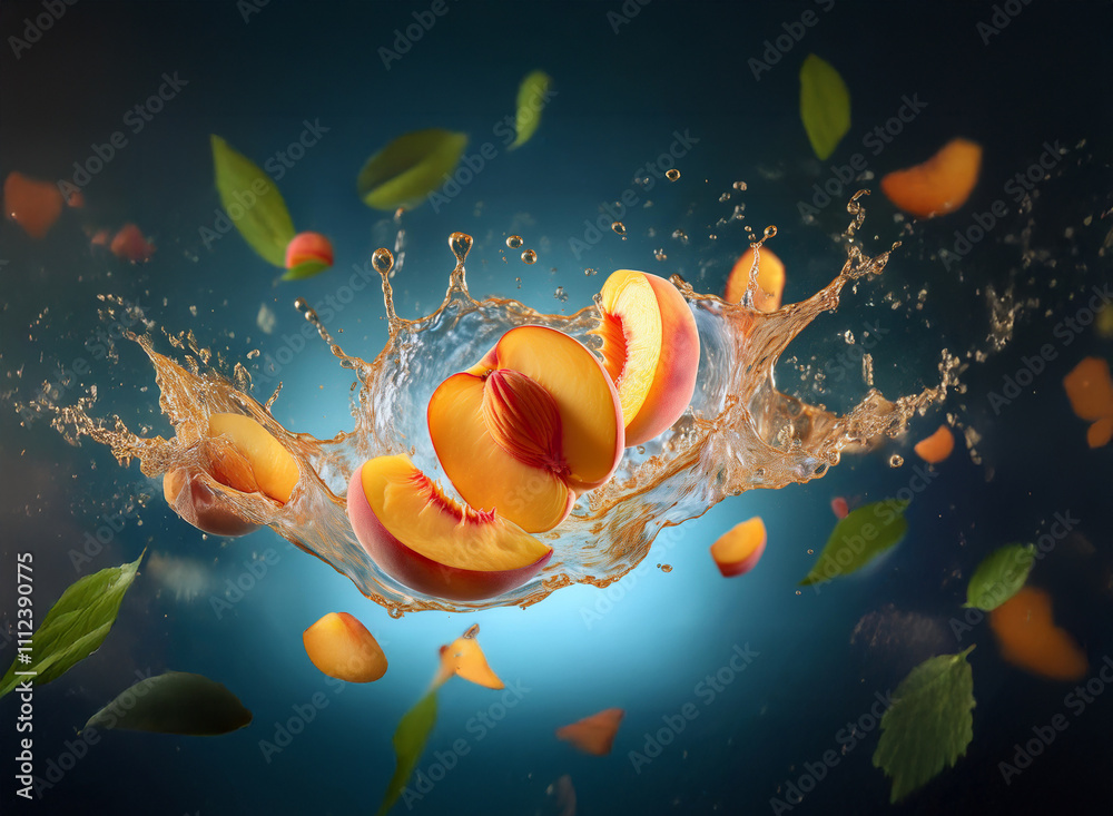 Aufkleber juicy peach slices splash into water, creating a vibrant, dynamic scene with leaves swirling around.