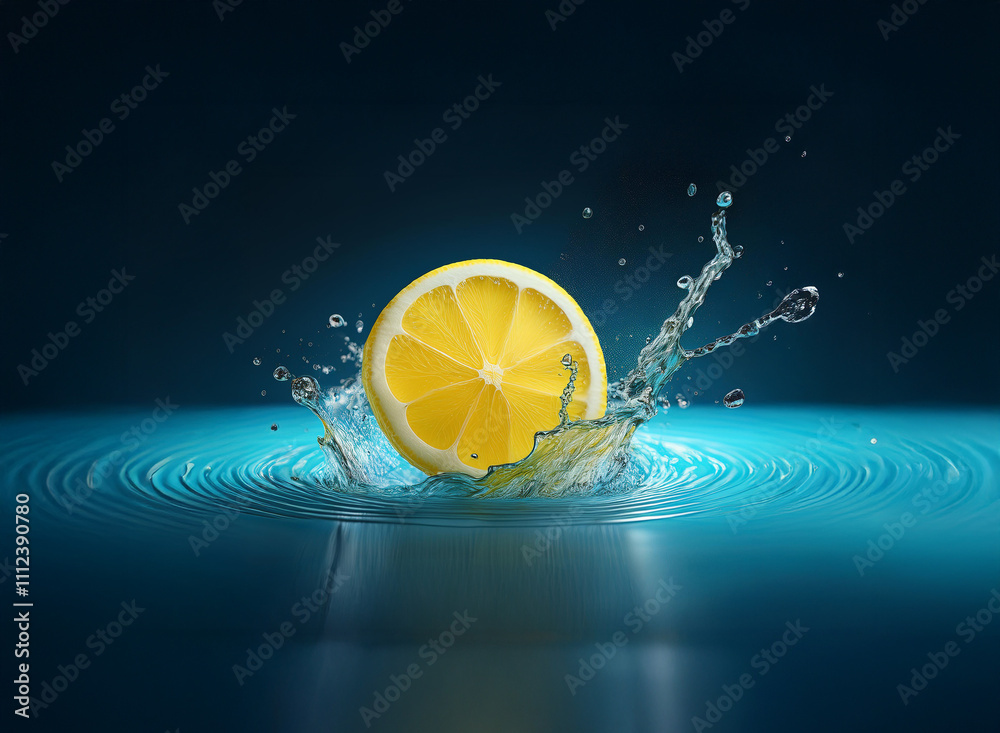 Aufkleber a juicy lemon half creates a vibrant splash upon impact with a dark teal water surface, creating con