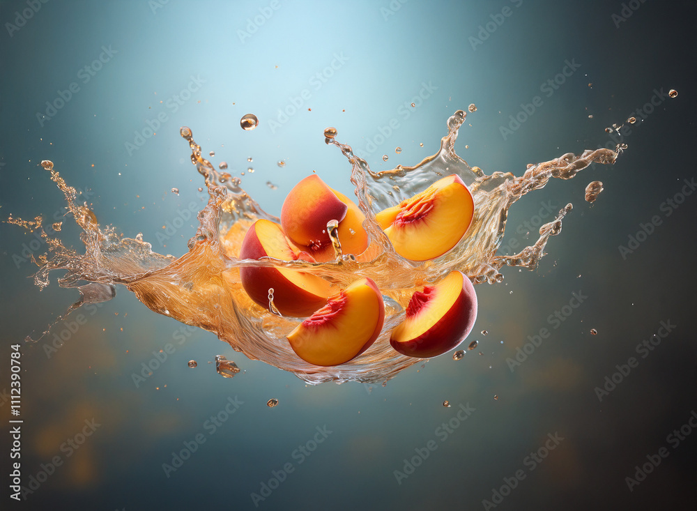 Poster Juicy peach slices suspended in a vibrant splash of liquid, creating a dynamic and refreshing image.  The fruit's color contrasts beautifully against the muted background.