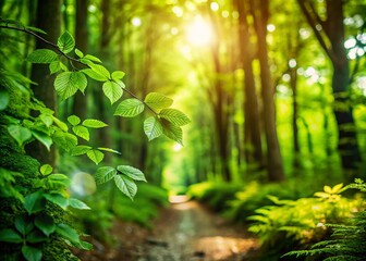 Fototapeta premium Explore the Beauty of a Hiking Adventure in a Lush Green Forest with Bokeh Effect, Showcasing Nature's Serenity and Vibrancy for Outdoor Enthusiasts and Nature Lovers