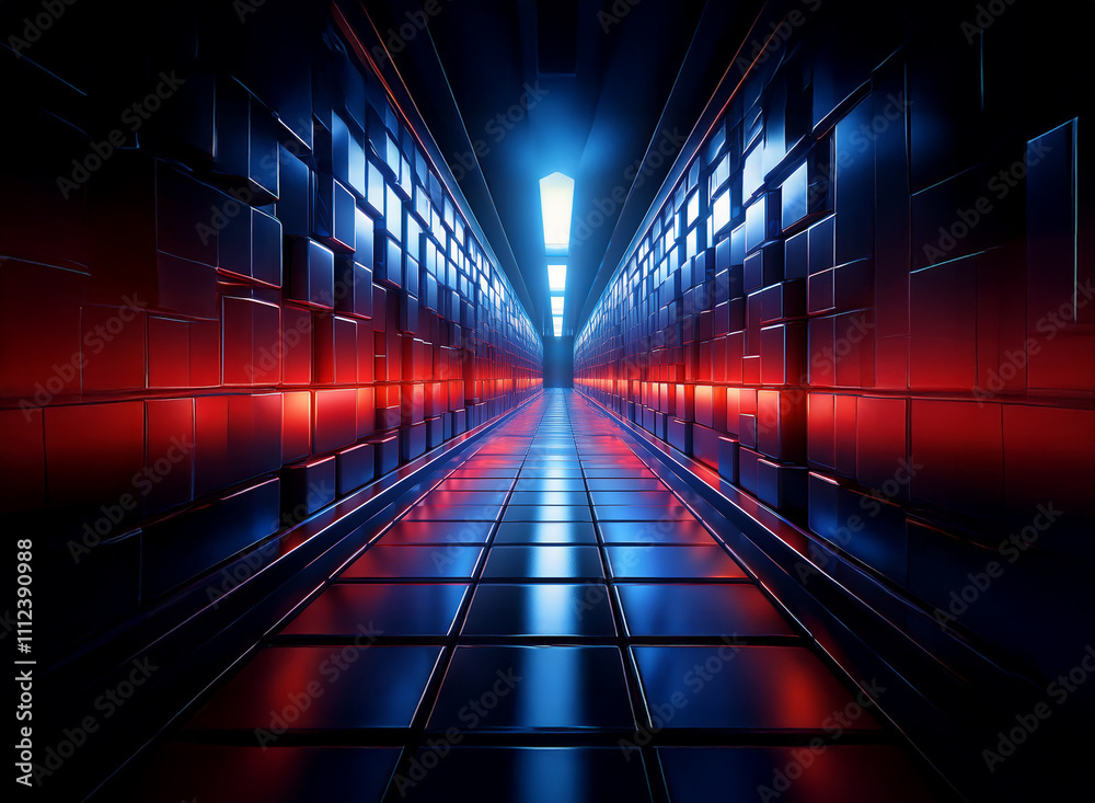 Poster a futuristic corridor with glowing red and blue panels on the walls and a reflective floor. the ligh