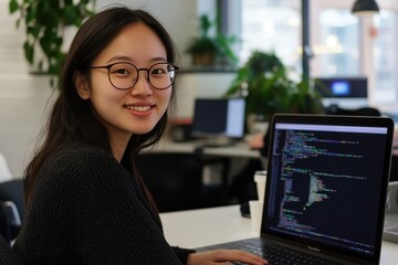 Smiling programmer working on laptop, code on screen, office setting, modern workplace, engaged in coding project, technology expert, tech work concept