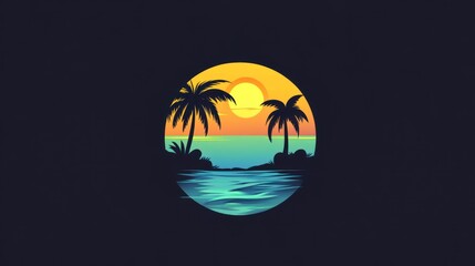 A vibrant sunset scene with palm trees and ocean waves inside a circular design.