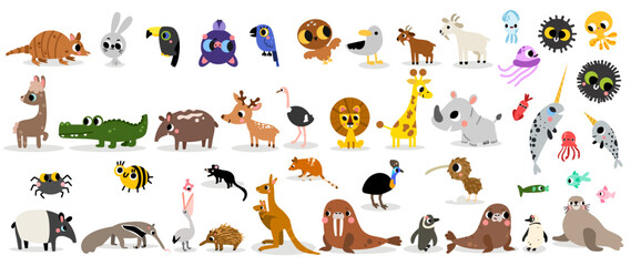 Fototapeta premium Big cartoon wild animals zoo vector childish kid illustration for education, maze, puzzle, map, poster. Fish, mammals, birds.