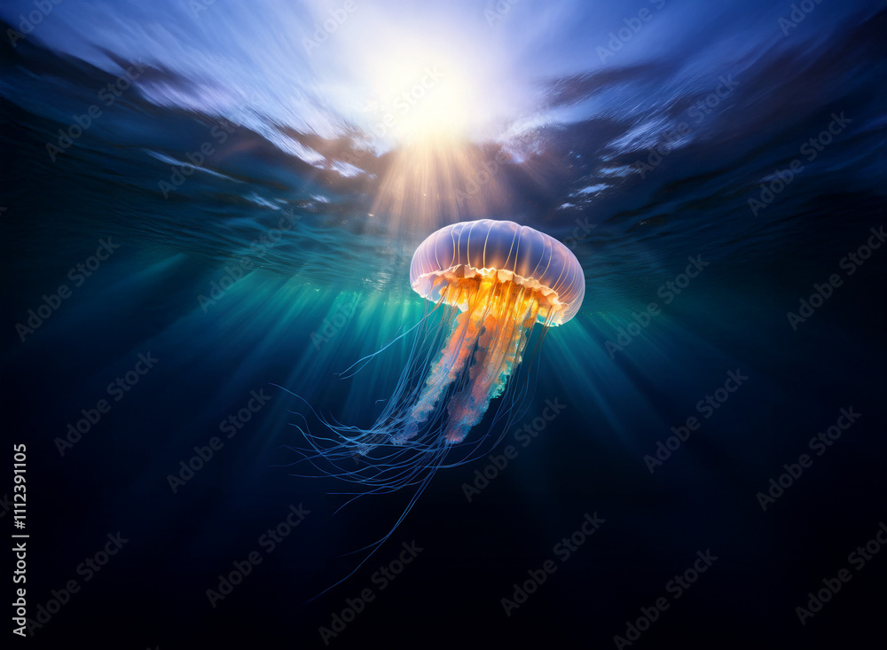 Poster a luminous jellyfish floats gracefully in the deep ocean, backlit by a radiant sun. sunbeams stream 