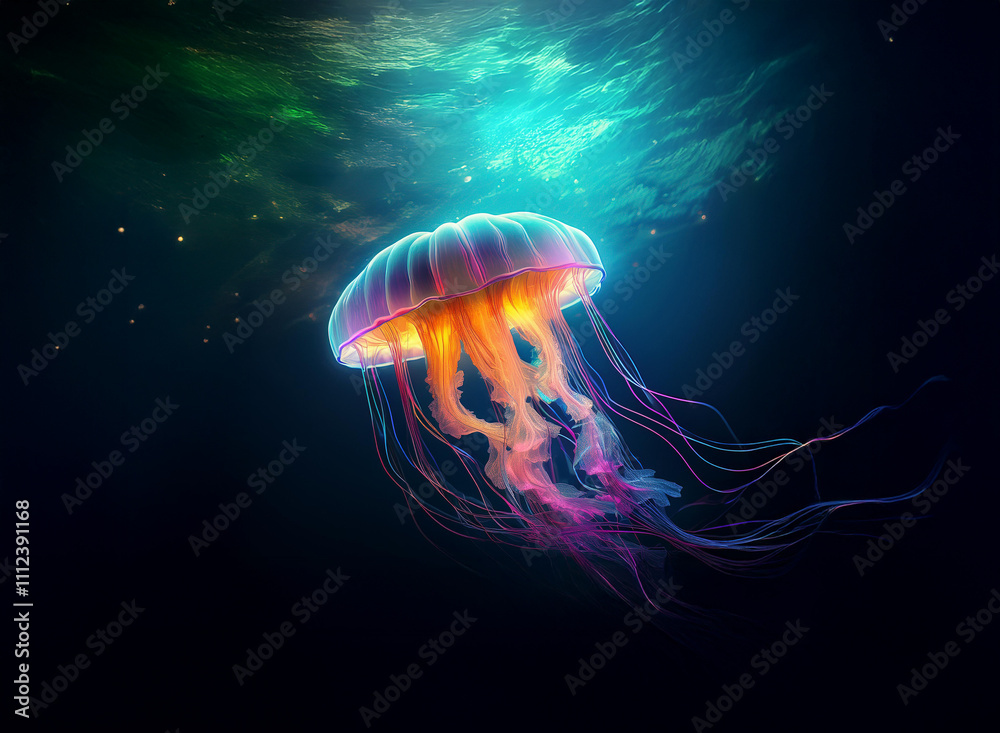 Aufkleber A bioluminescent jellyfish gracefully floats in the deep ocean, its vibrant bell and trailing tentacles illuminated against the dark water.  Subtle light filters from above, creating an ethereal under