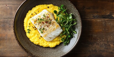 Baccal&agrave; alla Vicentina creamed cod with polenta on rustic ceramic plate, top view, space for text.