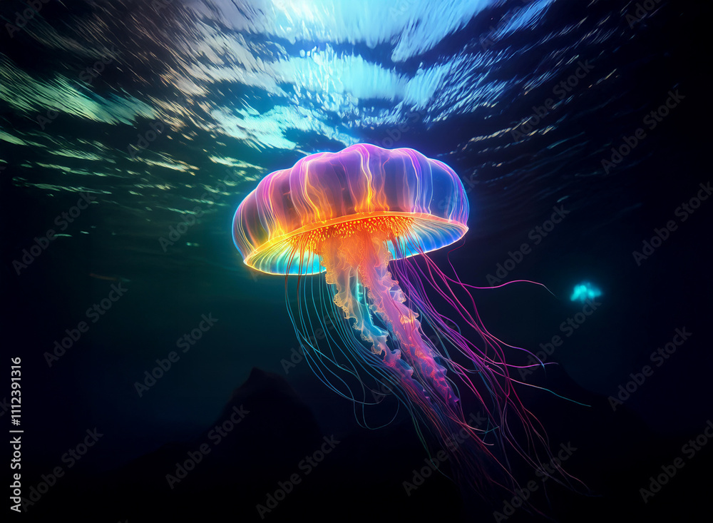 Poster a vibrant jellyfish, bioluminescent and iridescent, floats gracefully in a deep ocean scene. the col