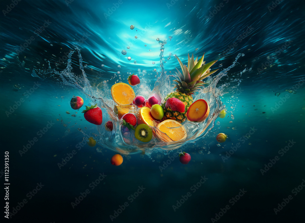 Poster A vibrant mix of tropical and summer fruits splashing into crystal-clear water, creating a dynamic underwater scene. The image is rich with color and movement.