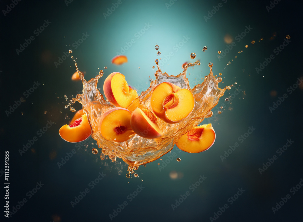 Poster sliced peaches suspended in a vibrant juice splash against a dark teal background. the scene is dyna