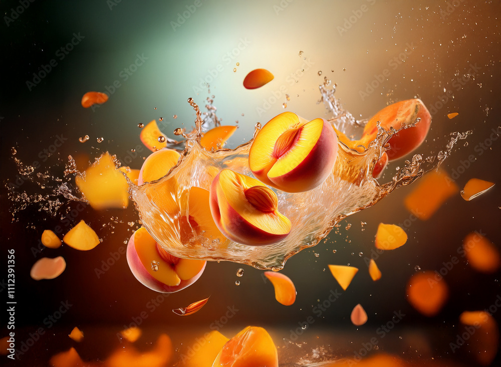 Poster a vibrant splash of water encapsulates juicy peach slices and peels in mid-air against a dark, moody