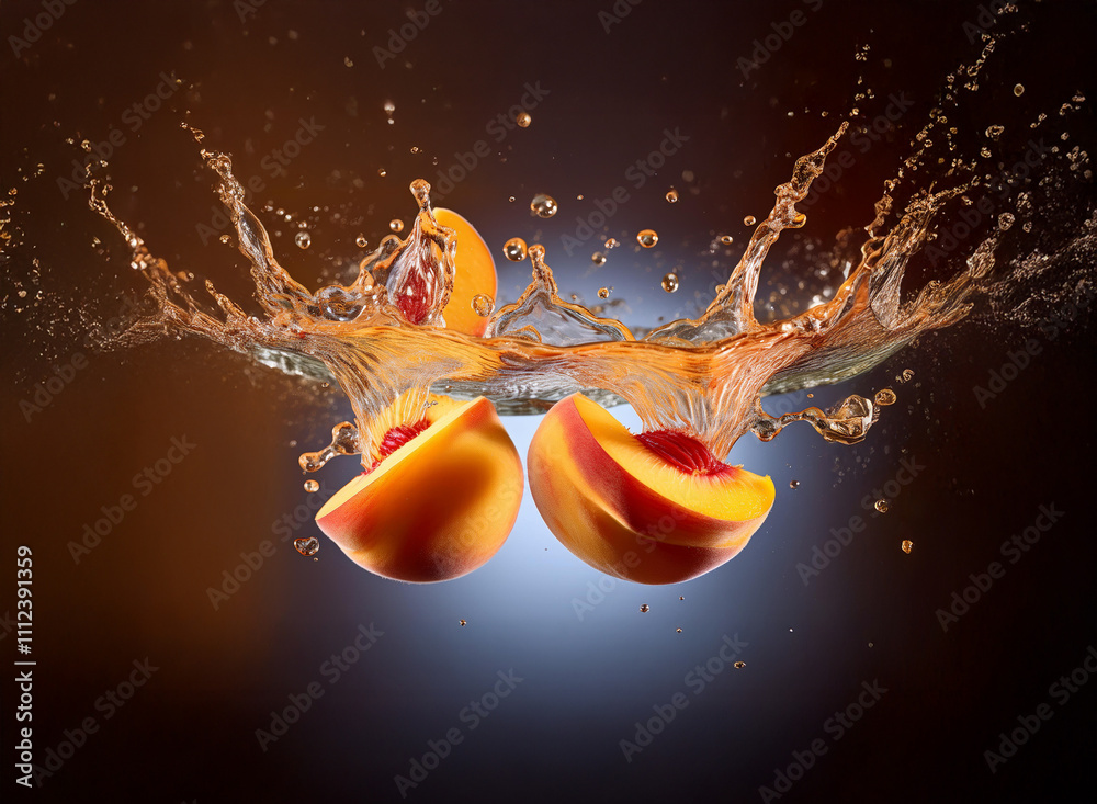 Poster Two peach halves splash into liquid, creating a vibrant, dynamic scene.  The contrasting colors and textures are visually striking.
