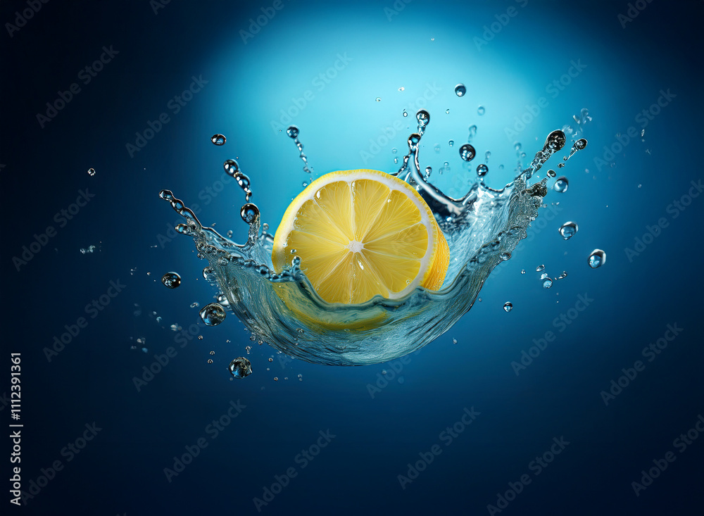 Poster a vibrant lemon slice creates a dynamic splash in clear water against a deep blue backdrop. the imag