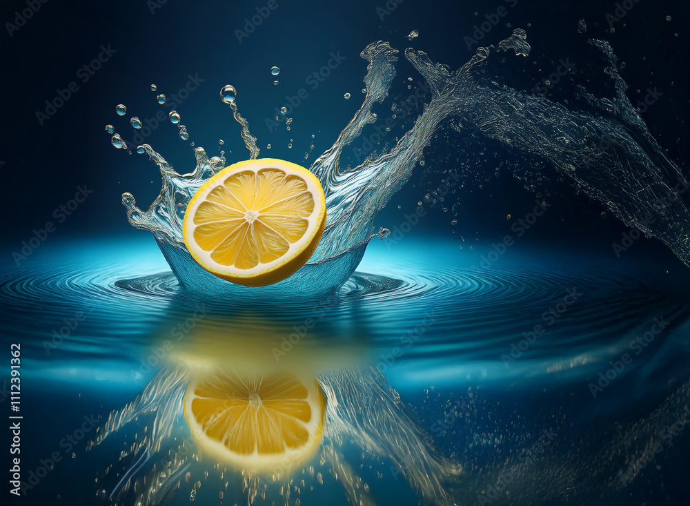 Poster a lemon slice creates a vibrant splash in pristine blue water, its reflection mirrored below. the sc