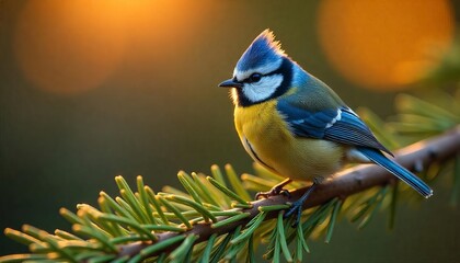 Obraz premium a beautiful larch, a blue tit with a cute view closed up portrait
