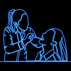 Continuous line drawing Woman having a dental checkup icon neon glow vector illustration concept