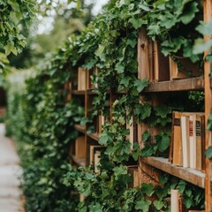 Fototapeta premium Verdant Walls of Wisdom A Book-Lined Garden Path
