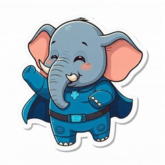 Fototapeta premium A chibi superhero elephant with a bright blue suit, swinging its trunk playfully, in sticker style, white background. 