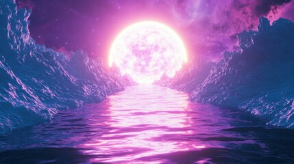 Ethereal Landscape with Majestic Pink Sun Rising Over Calm Waters, Surrounded by Mystical Purple Clouds and Glowing Textures of Surreal Nature