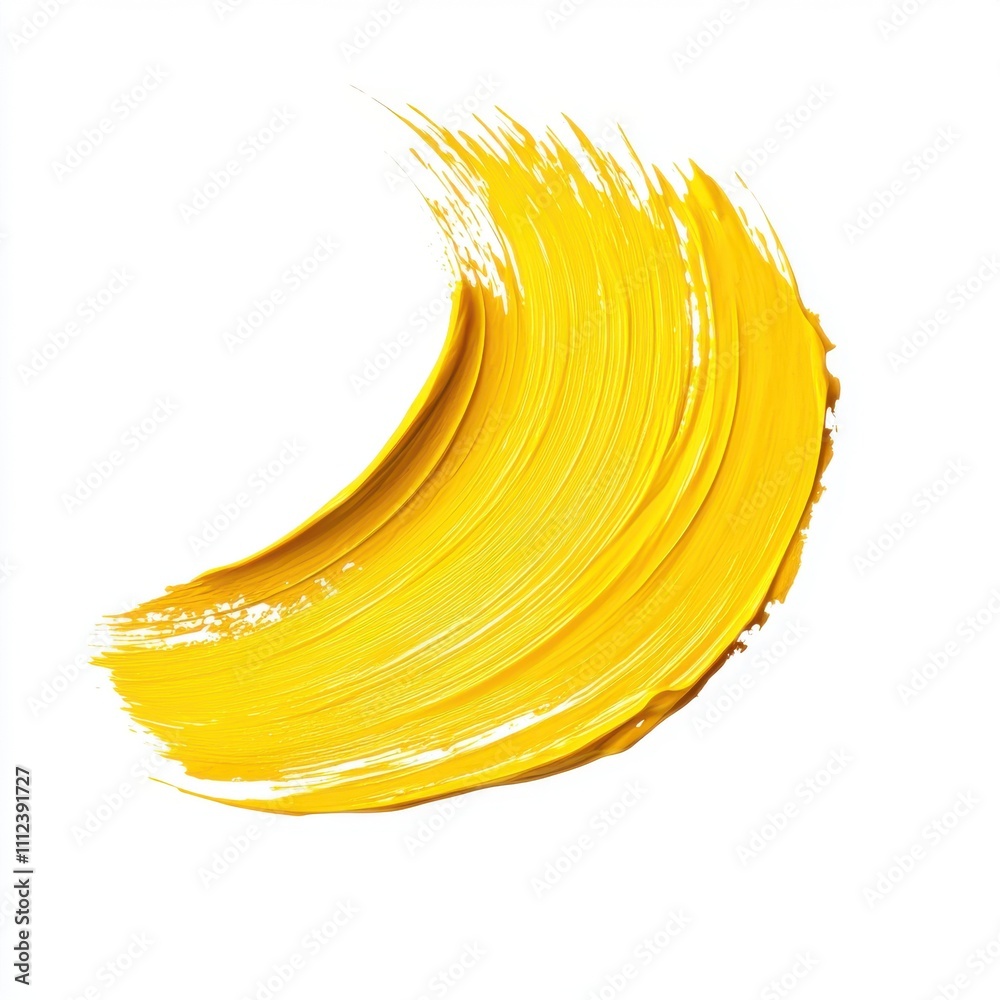 Poster yellow paint brush stroke on a white background, isolated and close-up. abstract paint line for deco