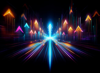 A vibrant, futuristic highway of light streaks and glowing arrows points upward, symbolizing growth and progress.  The central arrow shines brightly, leading the way.