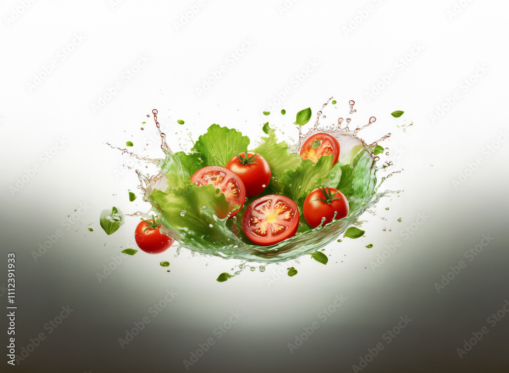 Aufkleber Vibrant red tomatoes and crisp lettuce leaves suspended in a refreshing liquid splash, creating a dynamic and appetizing image.