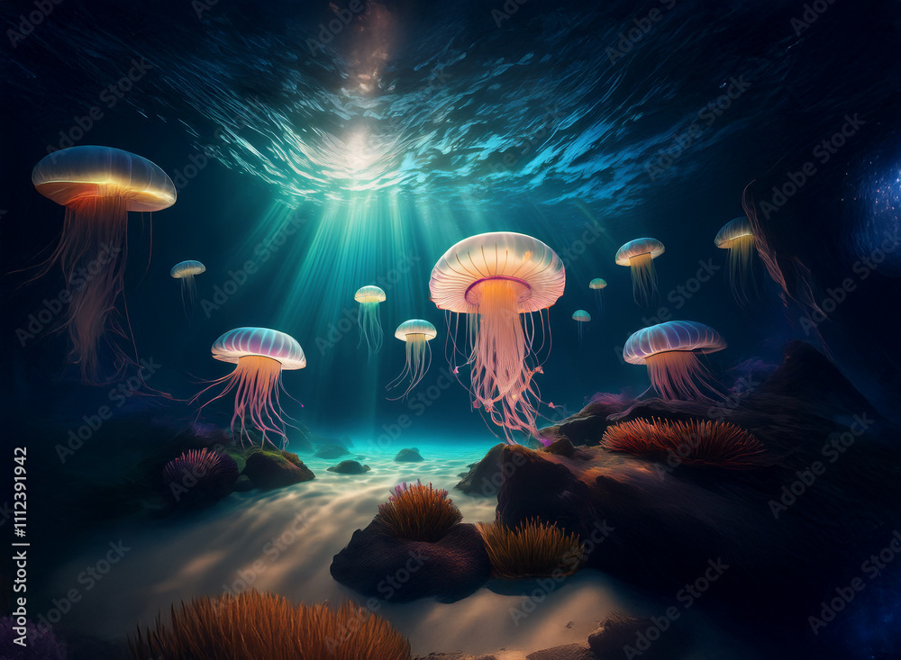 Poster a mesmerizing underwater scene: bioluminescent jellyfish gracefully float above a vibrant seabed, su