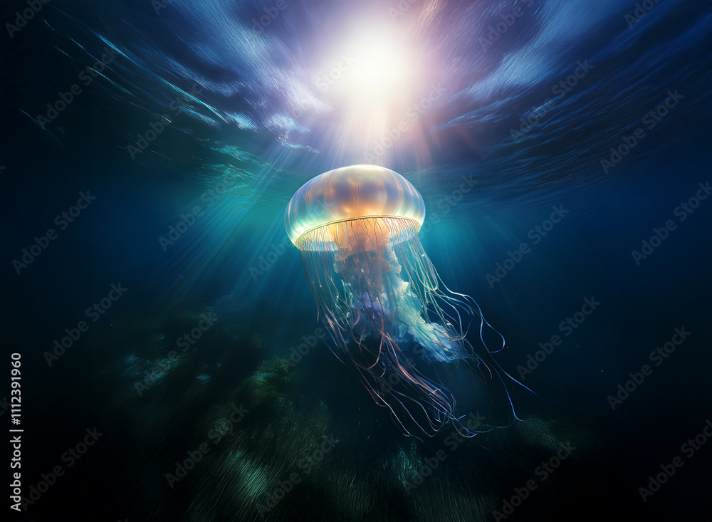 Poster A luminous jellyfish floats gracefully in the deep ocean, bathed in sunlight filtering from above.  Its translucent bell and long, flowing tentacles create an ethereal underwater scene.