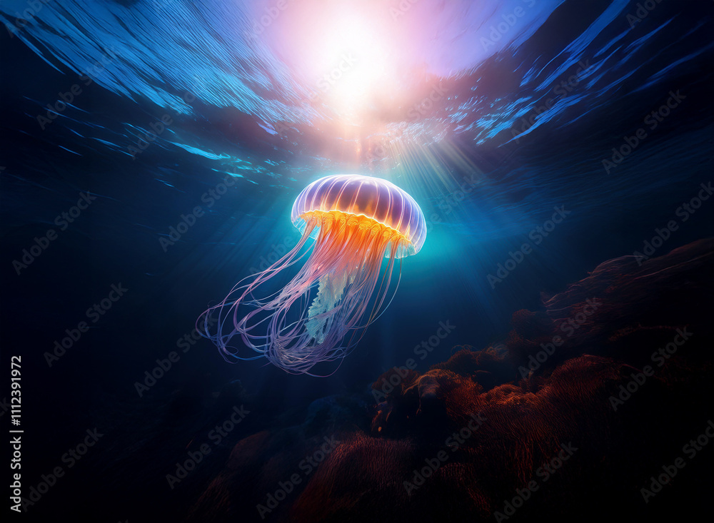 Poster a luminous jellyfish floats in a sunlit ocean, its translucent bell and trailing tentacles glowing. 