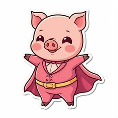 A chibi superhero pig with a pink suit, wearing a cute cape and smiling widely, in sticker style, plain white background.
