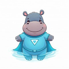 Naklejka premium A chibi superhero hippo with a light blue suit, floating gently in the water, smiling happily, in sticker style on a white background. 