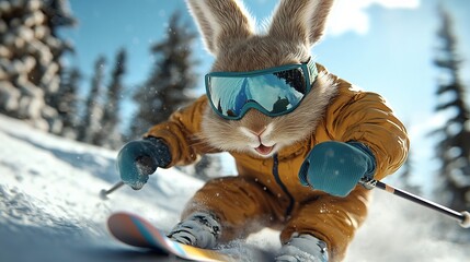 A playful brown rabbit wearing ski goggles and a bright orange snowsuit speeds down a snowy slope, showing excitement and energy on a sunny day.