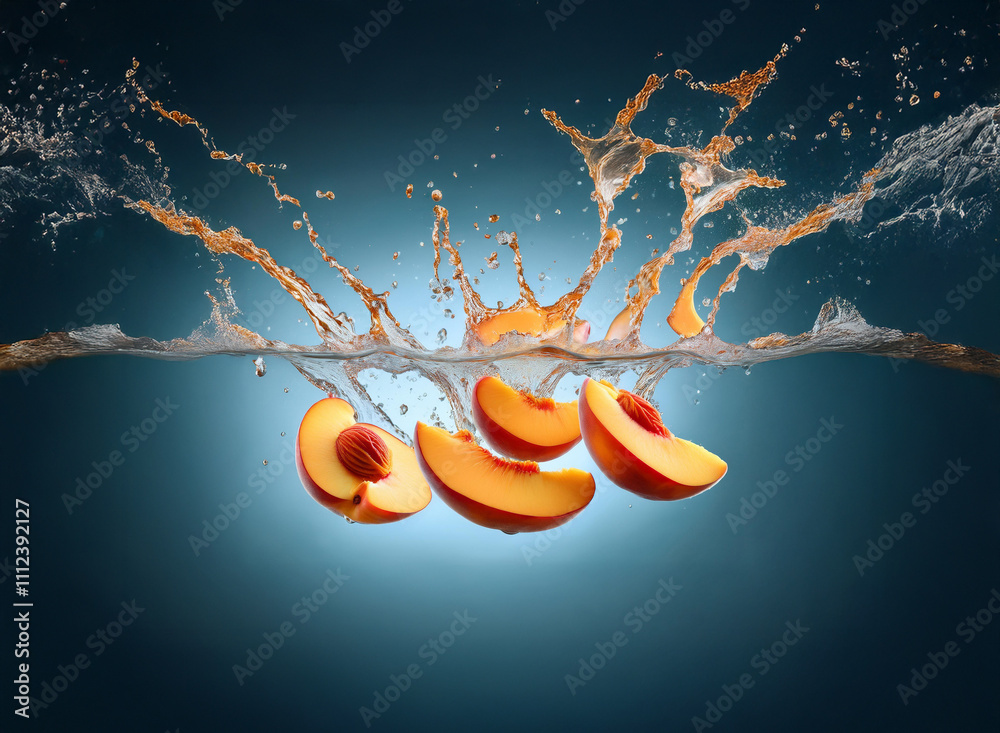 Aufkleber Juicy peach slices splash into water, creating a vibrant, dynamic burst of color and movement against a dark background. The scene is clean and refreshing.