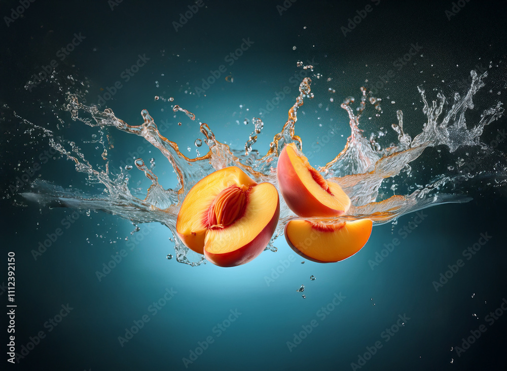 Poster juicy peach slices splashing into water, creating a vibrant, dynamic burst of freshness against a da