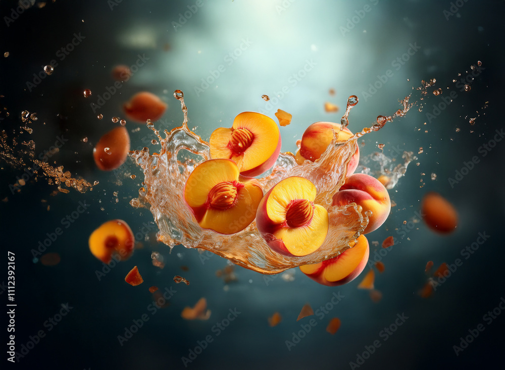 Poster Juicy peach slices suspended in a vibrant water splash, creating a dynamic and refreshing image.  The dark background enhances the fruit's bright color.