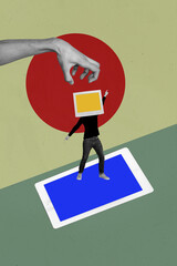 Vertical photo collage of headless guy pc monitor addiction robotic ereader dependence hand...