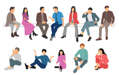 Obraz premium Men and a women sitting on a bench, different colors, cartoon character, group silhouettes of business people, students, the design concept of flat icon, isolated on white background