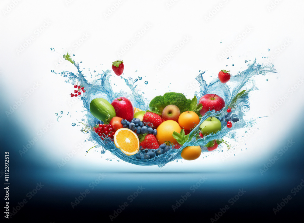 Aufkleber vibrant fruits and berries burst from a splashing wave of water, creating a refreshing and healthy i