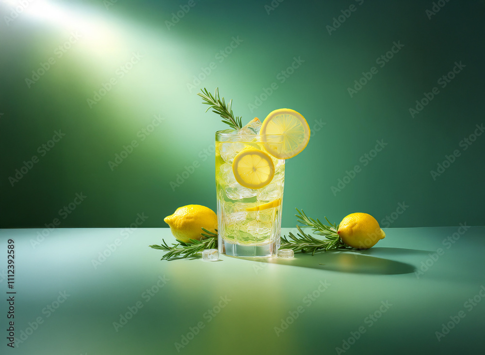 Aufkleber refreshing lemon rosemary drink in a tall glass with ice, garnished with lemon slices and sprigs of 