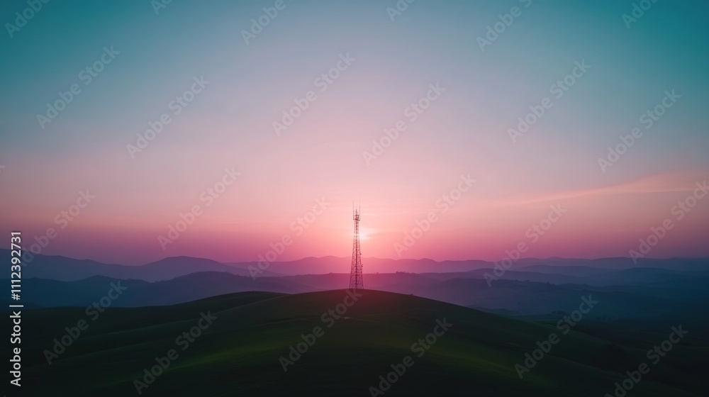 Poster a vibrant sunset illuminates a communication tower silhouetted against the colorful sky, with rollin