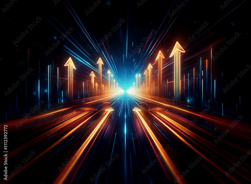 Poster glowing arrows ascend a digital highway, symbolizing rapid growth and technological advancement. the